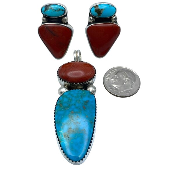 Vintage San Felipe Pueblo Jenn Garcia Spiny Oyster Turquoise Earrings Pendant - Picture 8 of 8